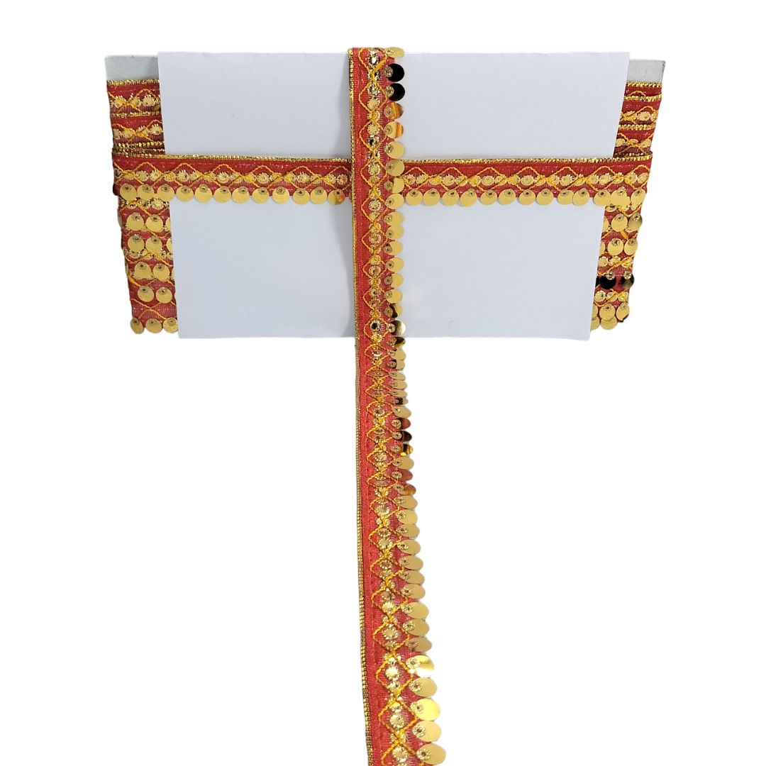 Decorative white card with red and gold border on a white background