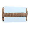 Clutch bag with woven pattern and light blue interior on a white background