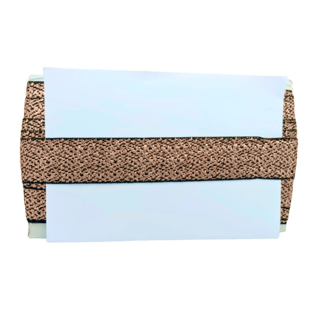 Clutch bag with woven pattern and light blue interior on a white background