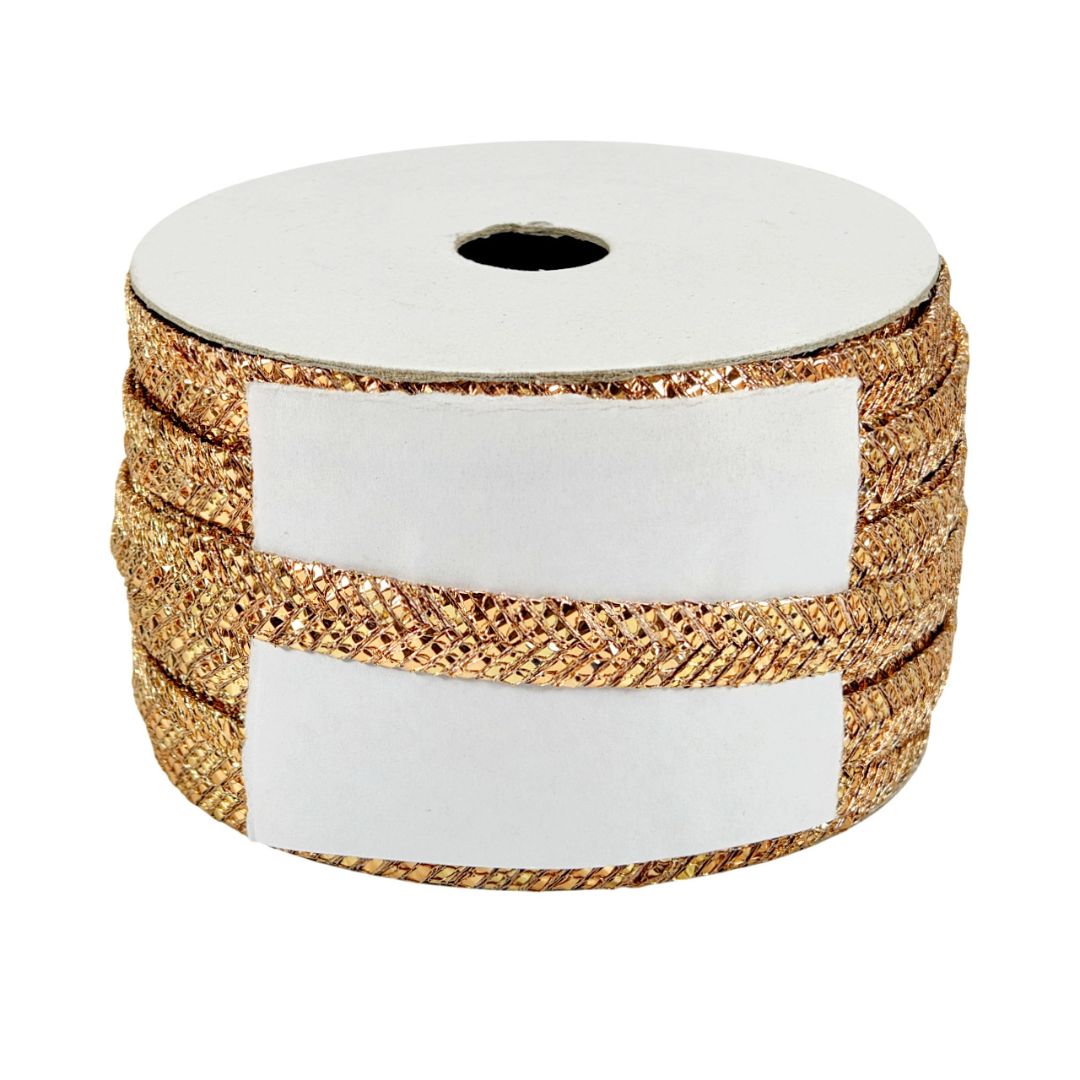 Roll of gold ribbon on a white background