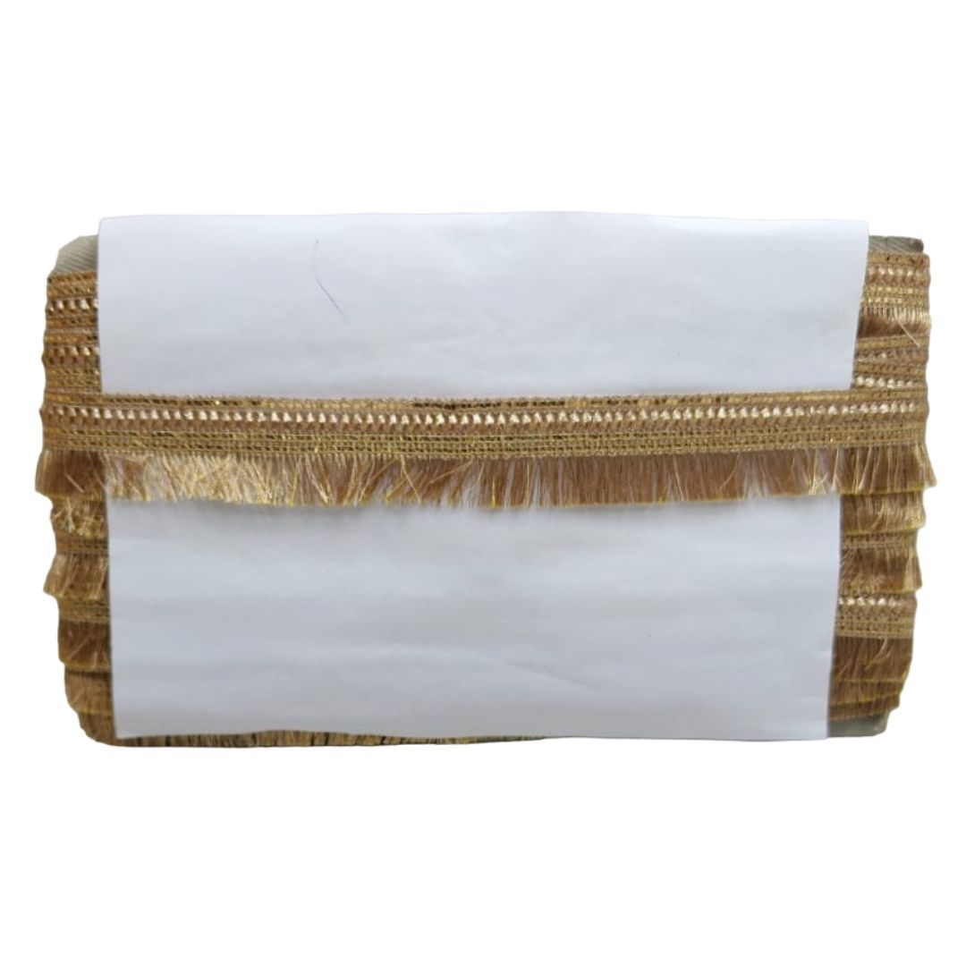 White clutch with gold fringe on a white background