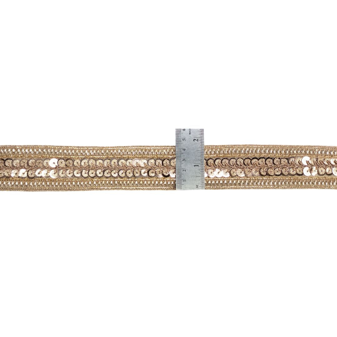 Decorative ribbon with crystals and a ruler for scale on a white background