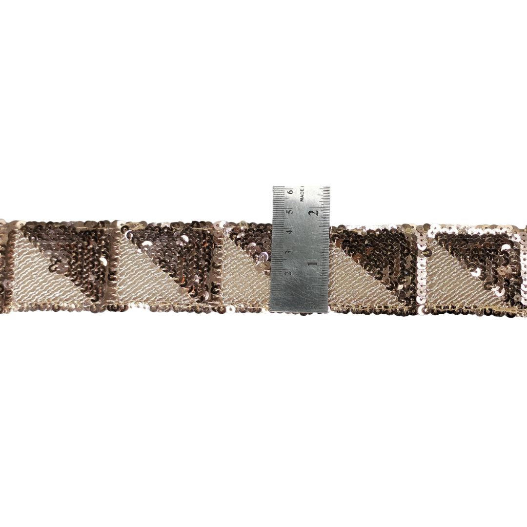 Sequined trim with a ruler for scale on a white background