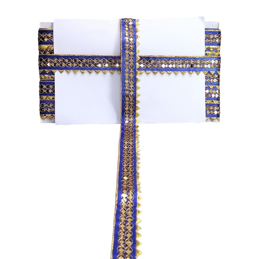 Decorative headband with blue and gold accents on a white background