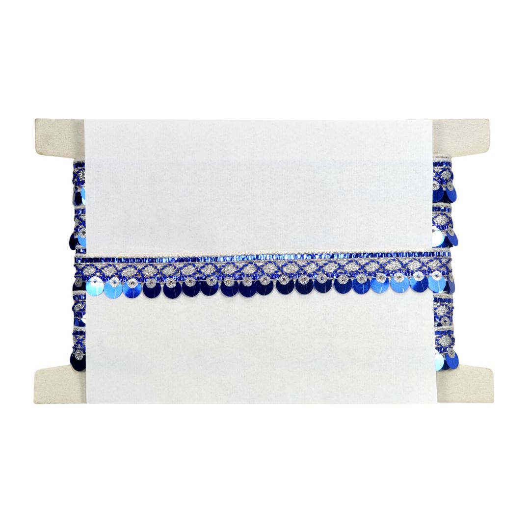 Decorative white pillow with blue and gold trim on a white background