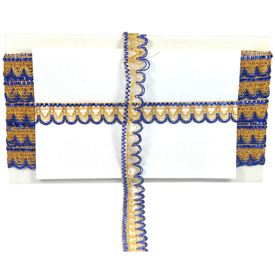 Decorative border with blue and gold patterns on a white background