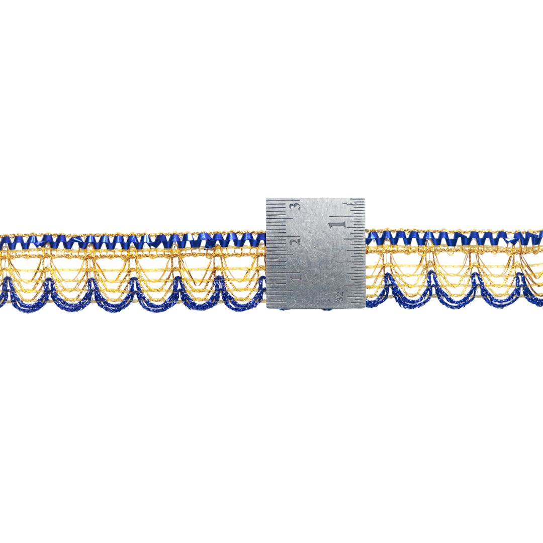 Decorative scalloped trim with blue and yellow pattern on a white background
