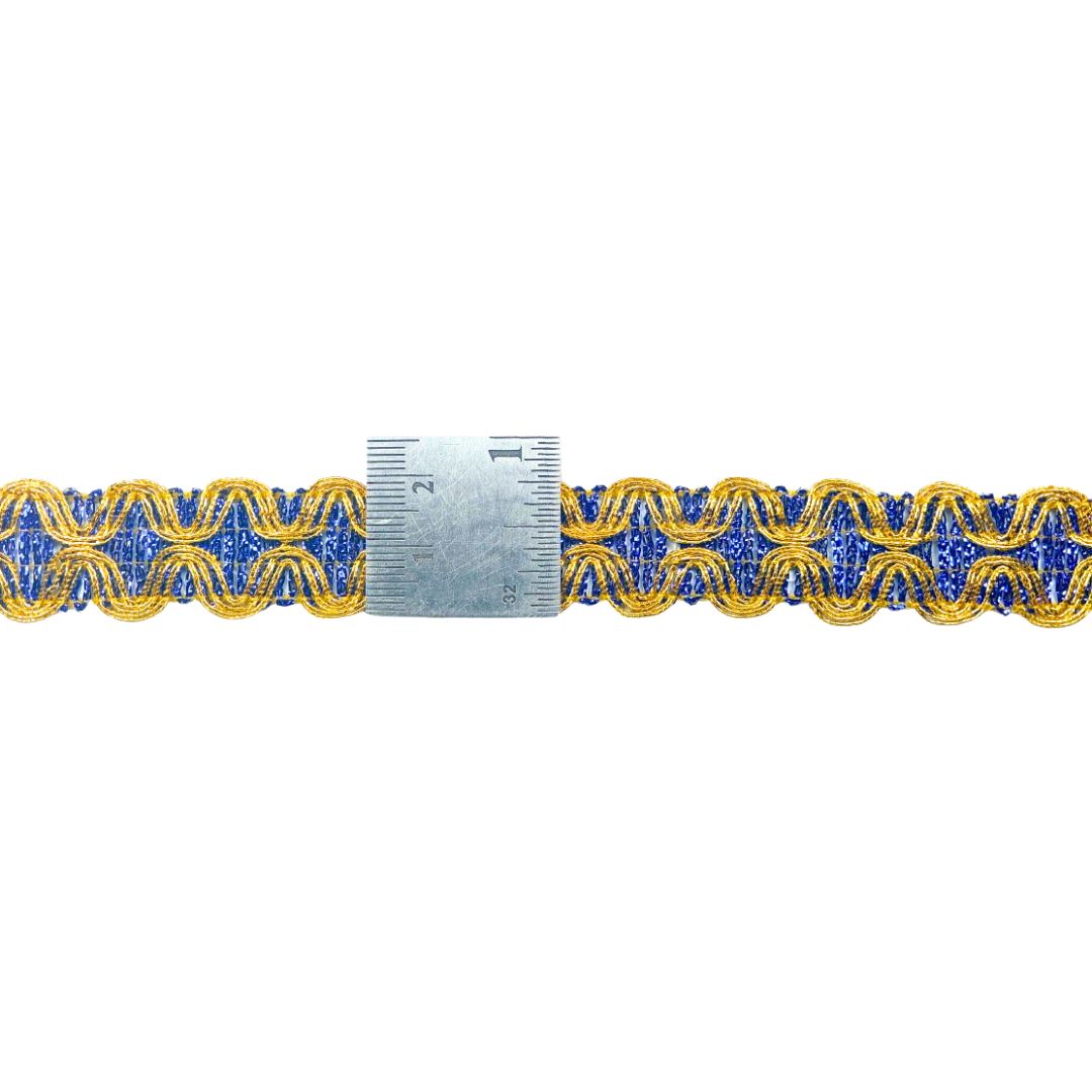 Decorative ribbon with blue and gold pattern on a white background