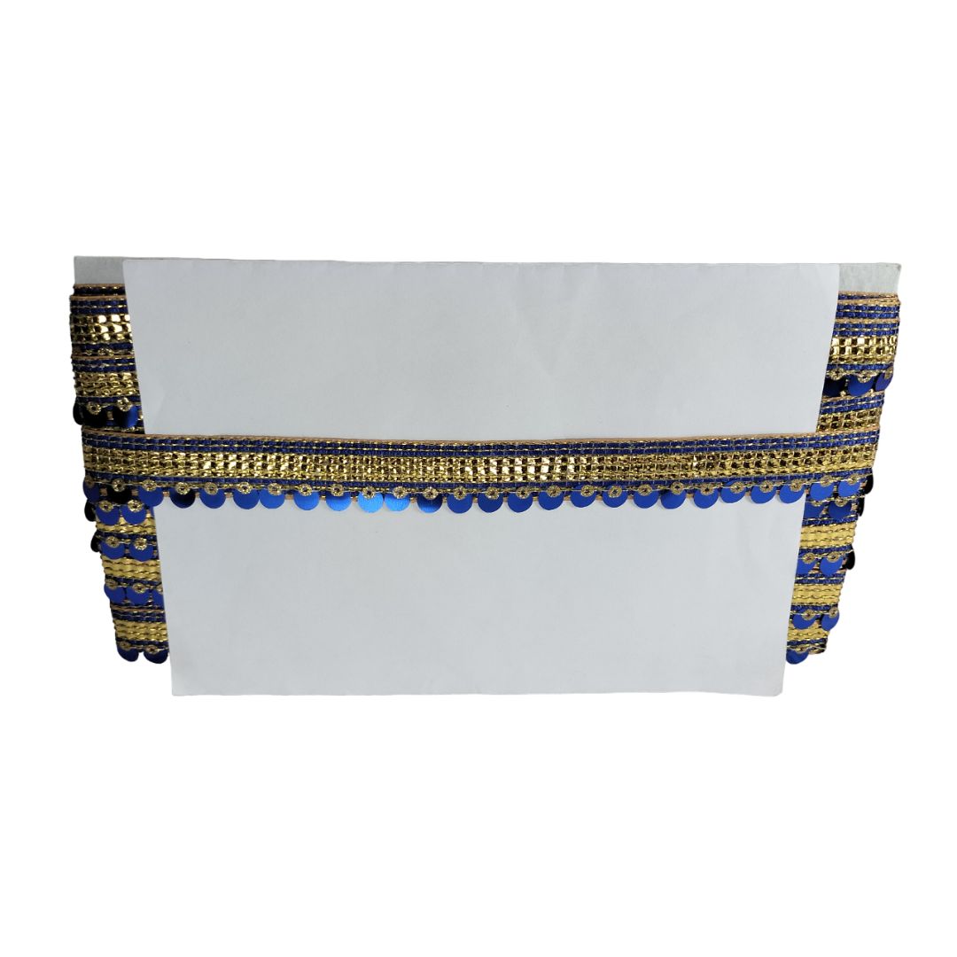 White clutch bag with blue and gold decorative trim on a white background
