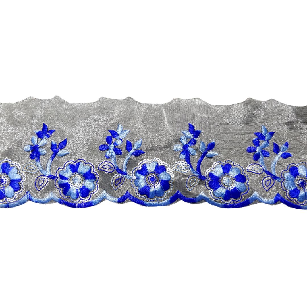 Royal Blue Embroidered Organza Lace Border For Gowns Decoration Only At Woven Lace & Border Reatilers and Manufactures In Surat