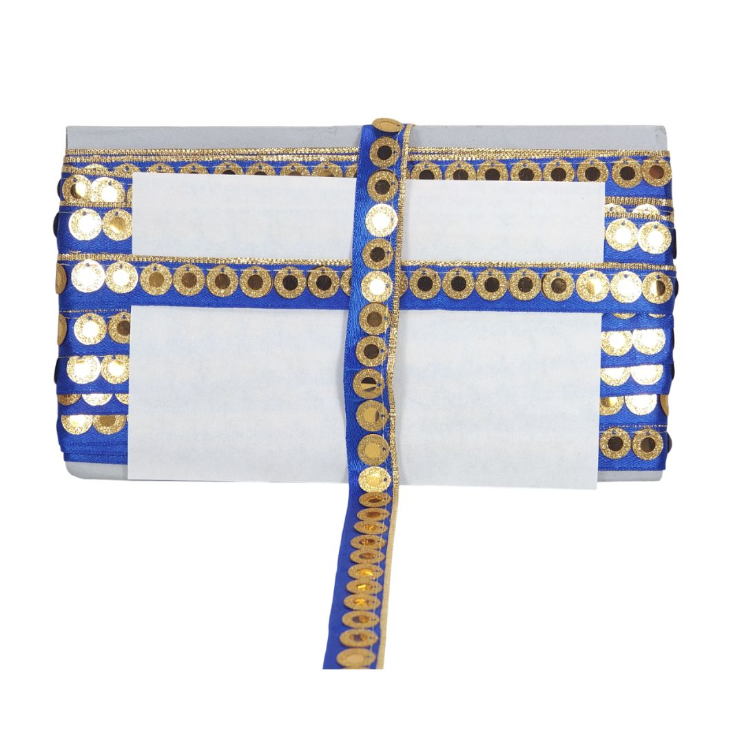 White clutch with blue and gold decorative border on a white background