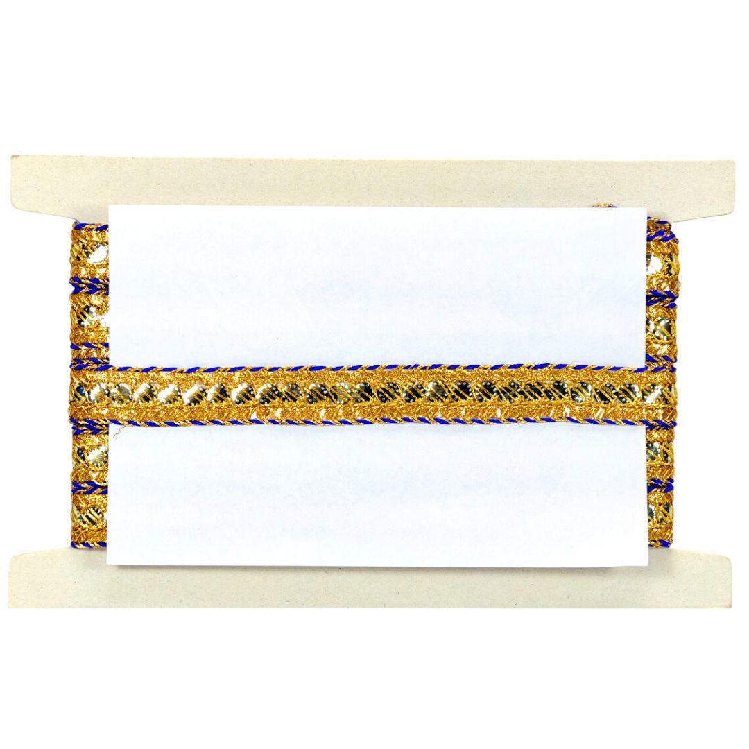 Decorative shelf with gold and blue woven design on a white background