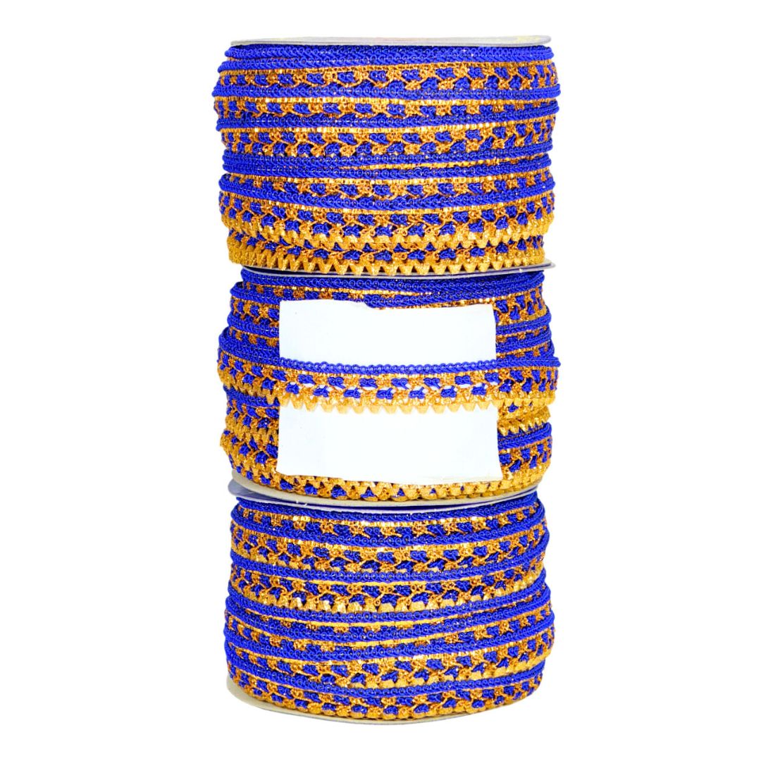 Set of blue and yellow patterned bangles stacked on a white background