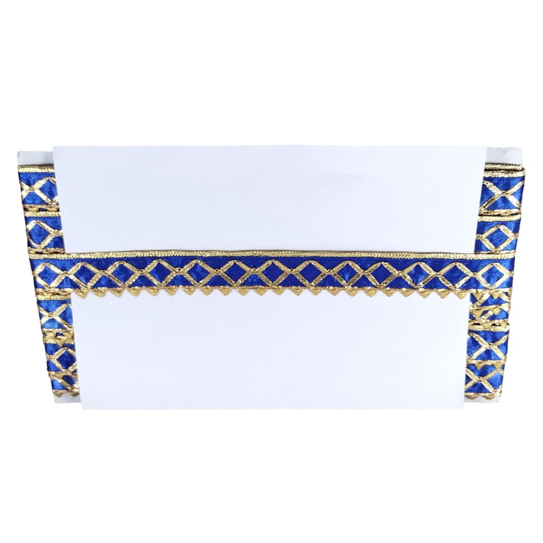 White paper with blue and gold decorative border on a white background