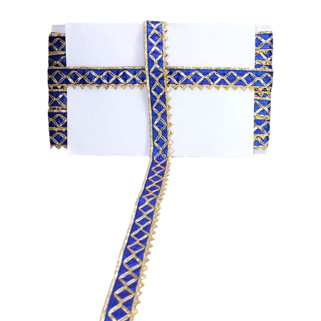 Blue and gold decorative headband on a white background