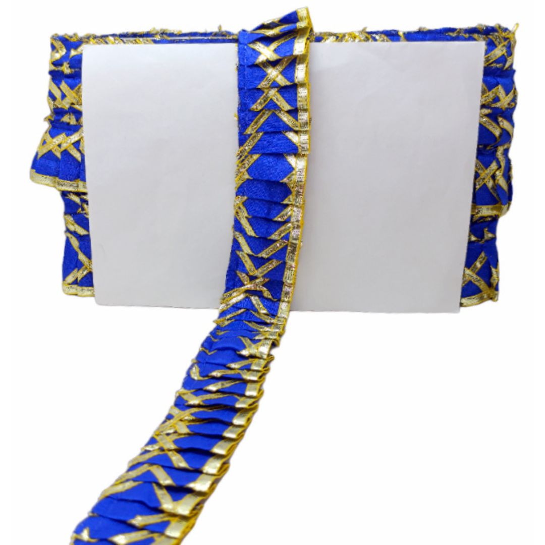 Blue and gold decorative border on a white background