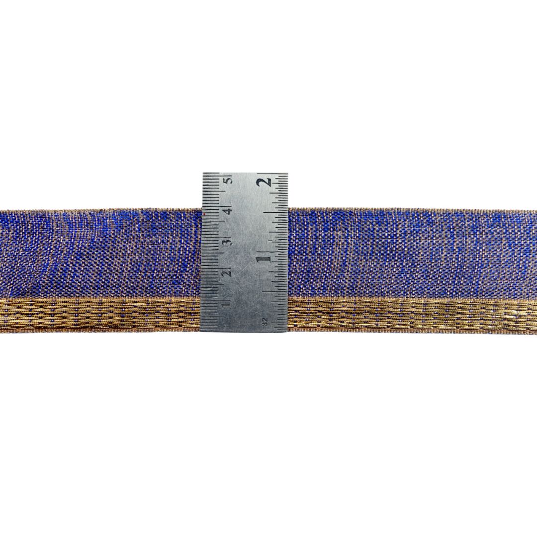Blue and brown woven belt with a ruler for scale on a white background