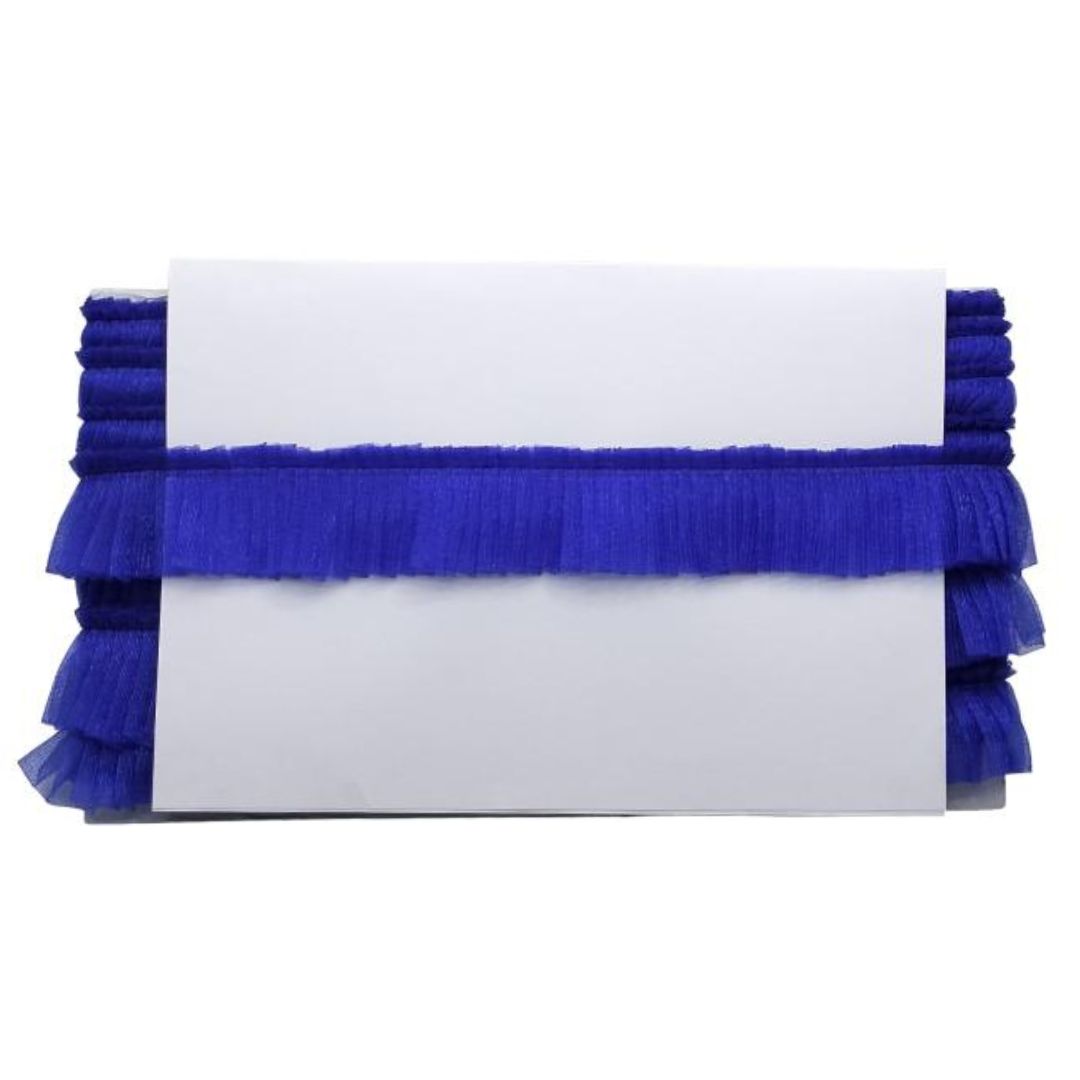Blue ruffled clutch bag on a white background