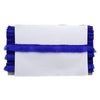 White clutch with blue ruffles on a white background