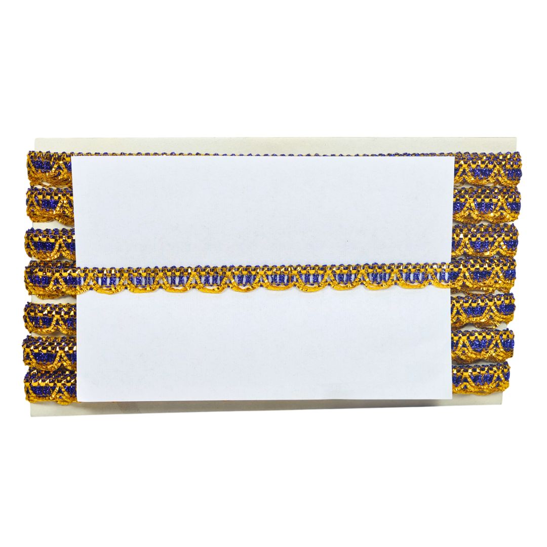 Decorative card with gold and blue border on a white background