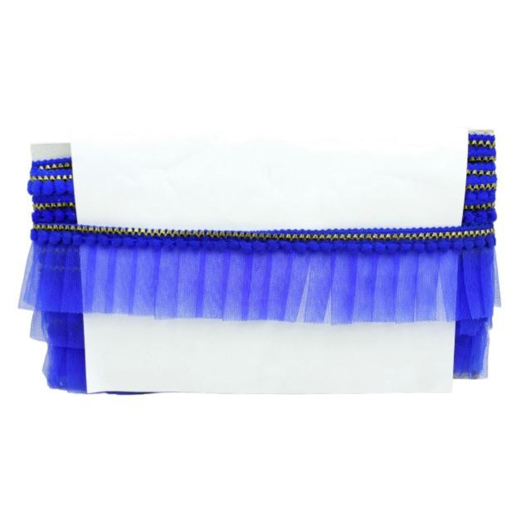 Blue and gold decorative table skirt on a white background