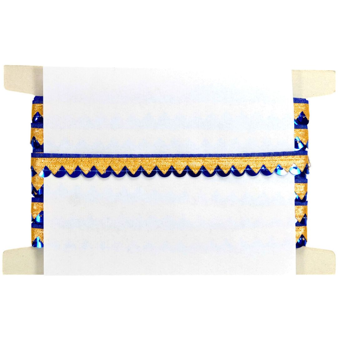 Decorative white board with blue and gold border on a white background