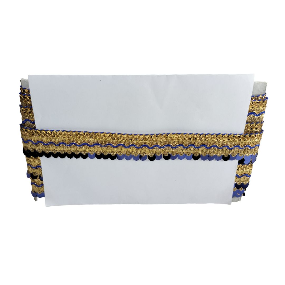 White card with gold and blue decorative border on a white background