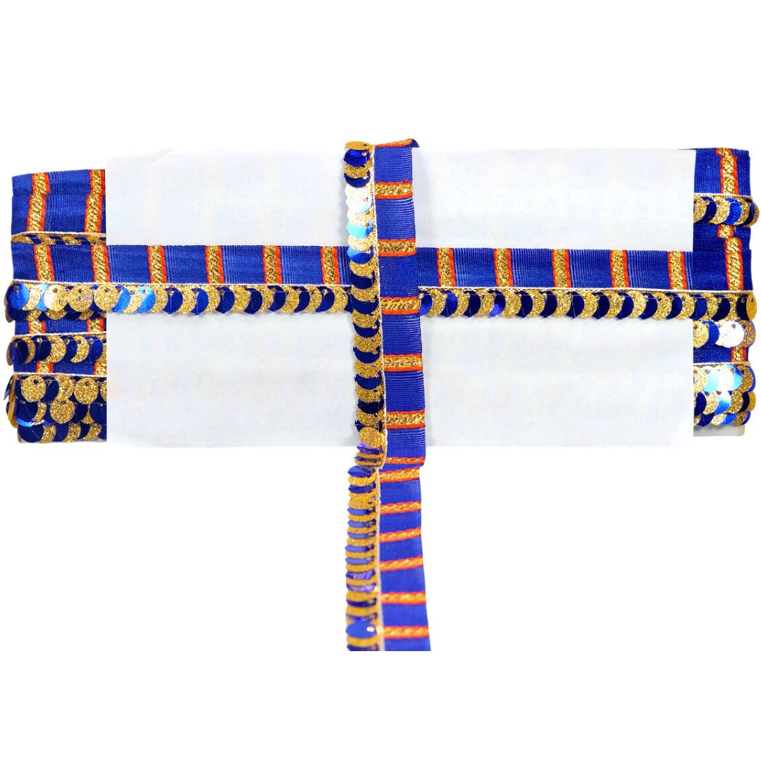 Decorative headband with blue and gold patterns on a white background