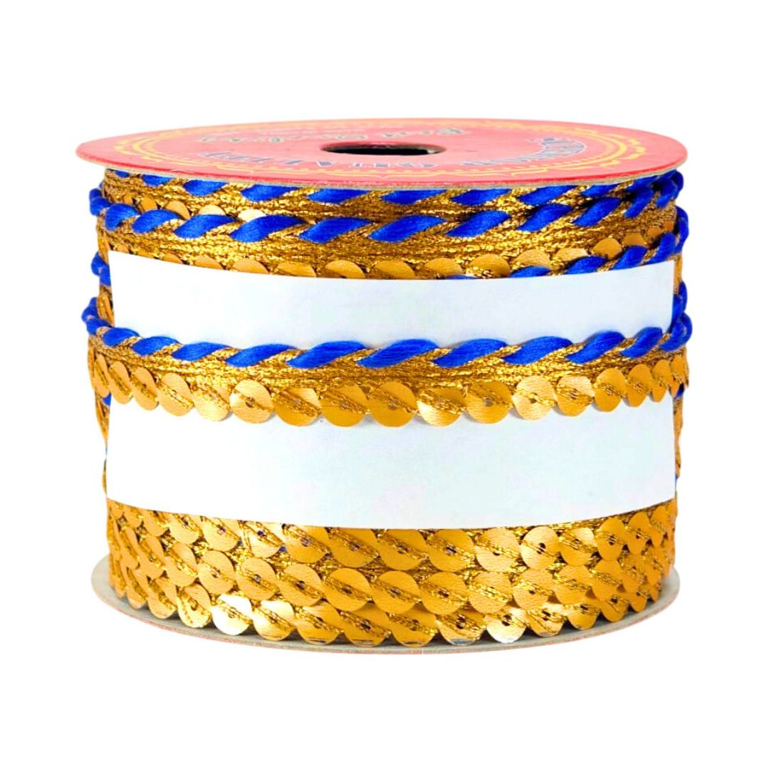 Spool of gold and blue decorative ribbon on a white background