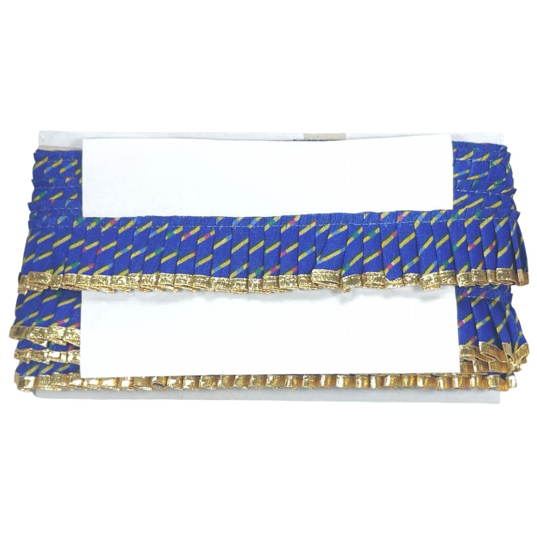 Decorative belt with blue and gold pattern on a white background