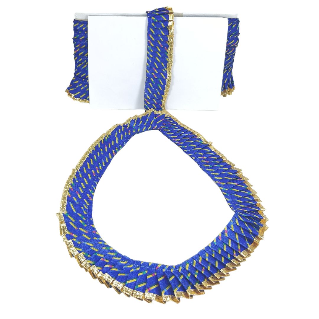 Blue necklace with gold accents on a white background