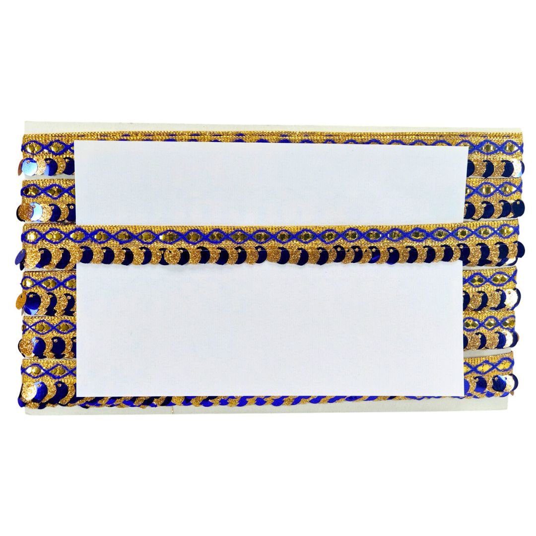 Decorative card with blue and gold border on a white background