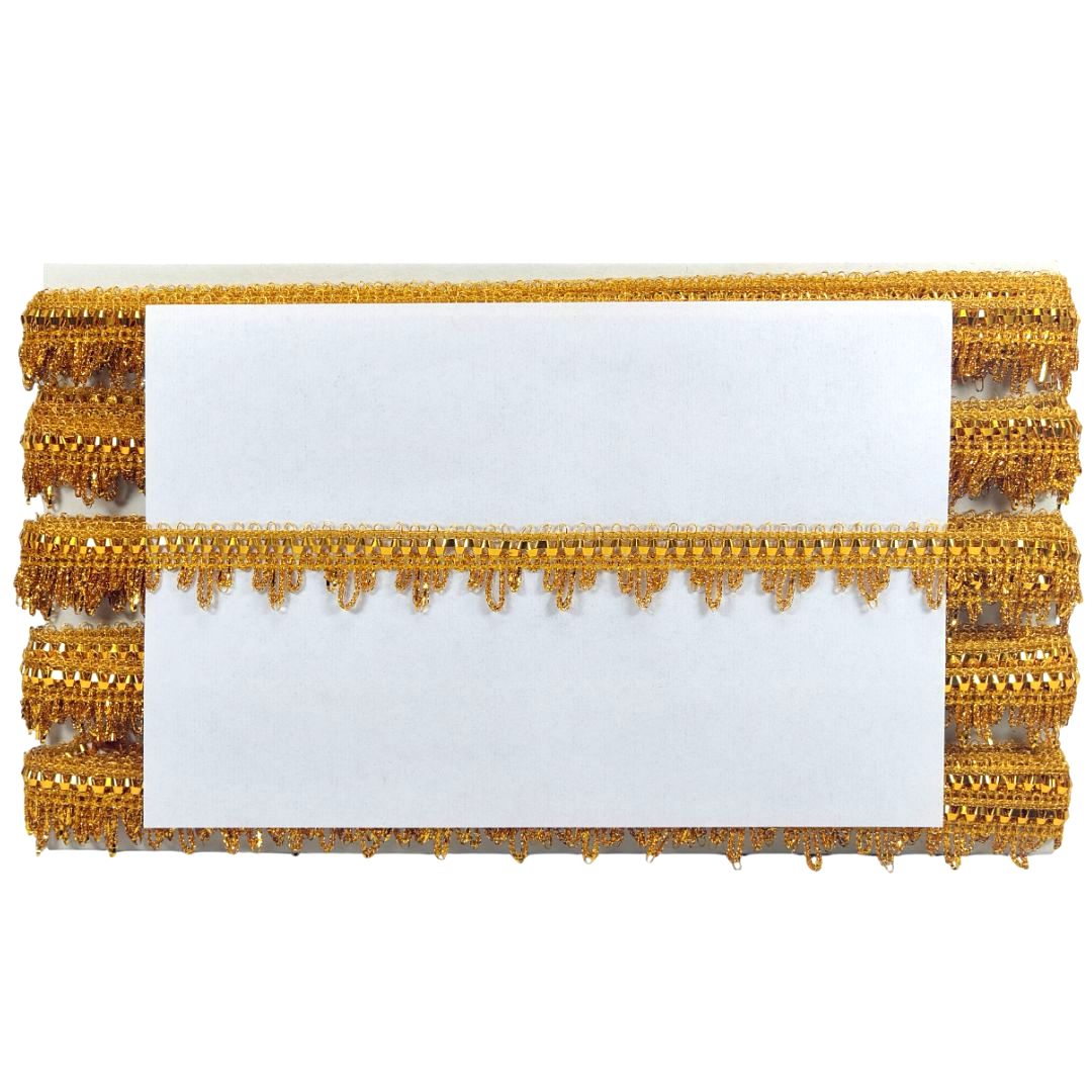 Gold decorative ribbon with a white card on a white background