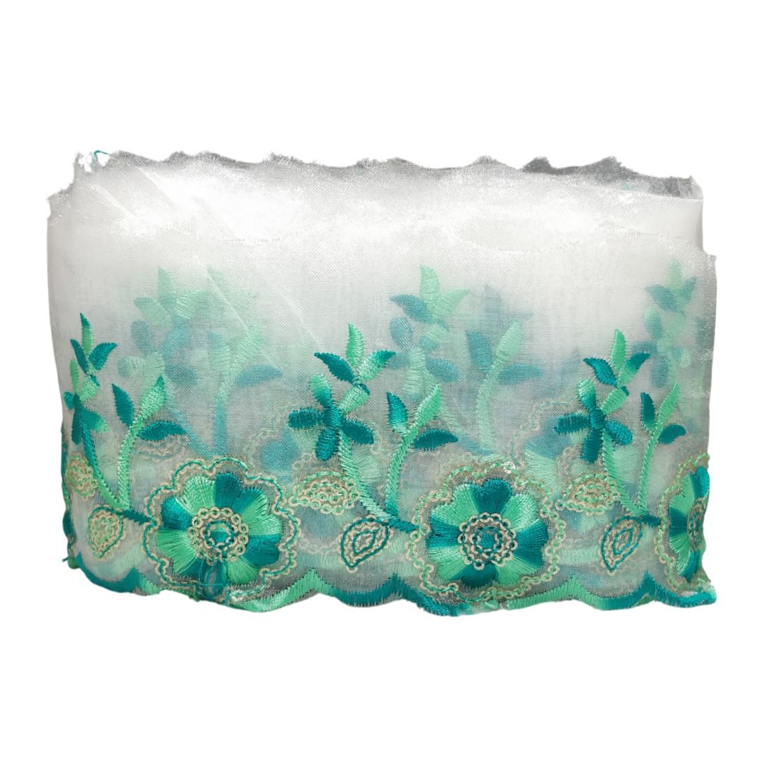 Sea Green Embroidered Organza Lace Border For Gowns Decoration Only At Woven Lace & Border Reatilers and Manufactures In Surat