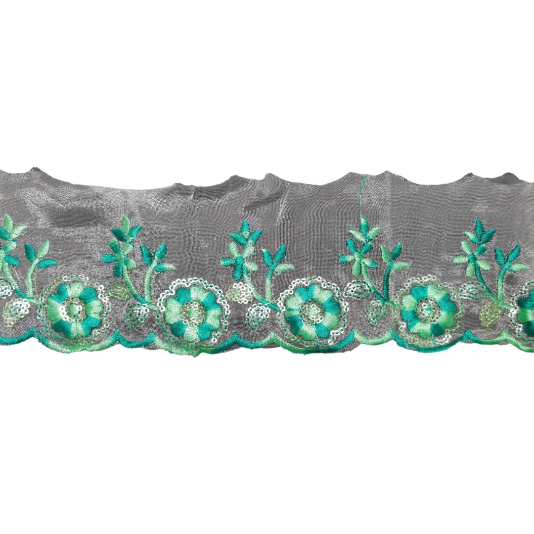 Sea Green Embroidered Organza Lace Border For Gowns Decoration Only At Woven Lace & Border Reatilers and Manufactures In Surat