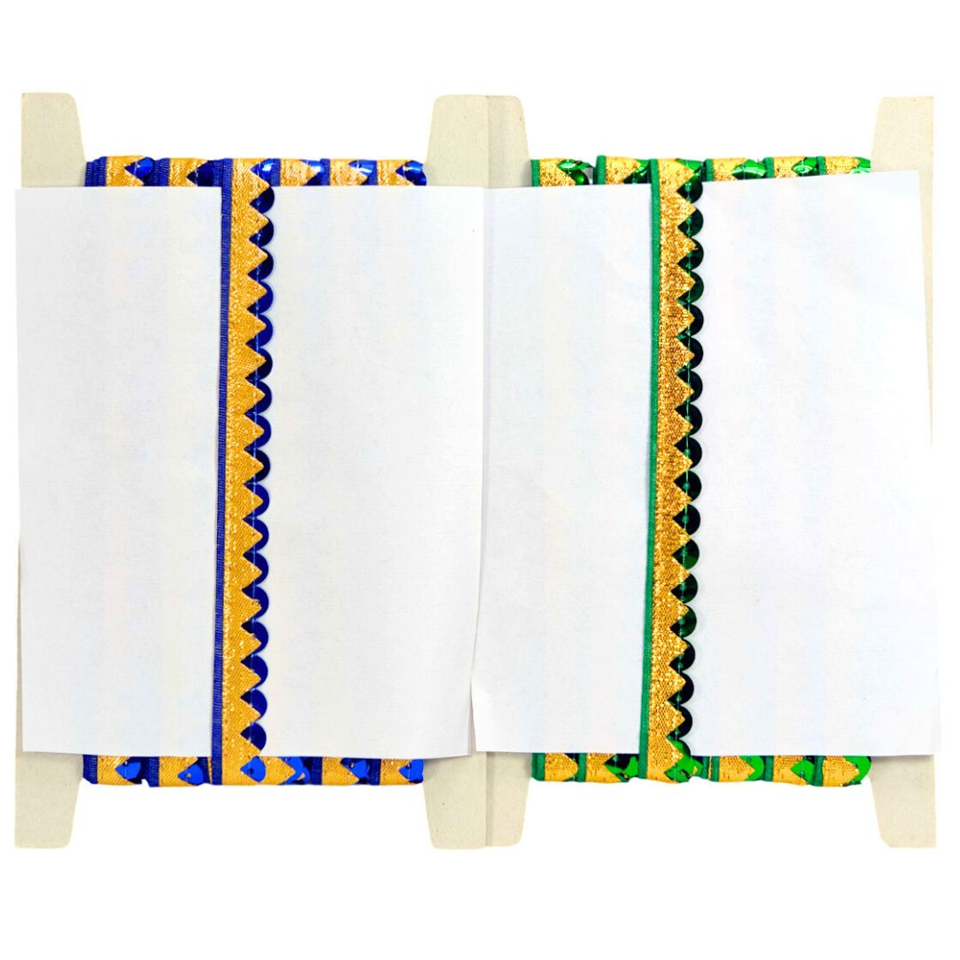 Decorative stand with colorful borders holding white sheets of paper.