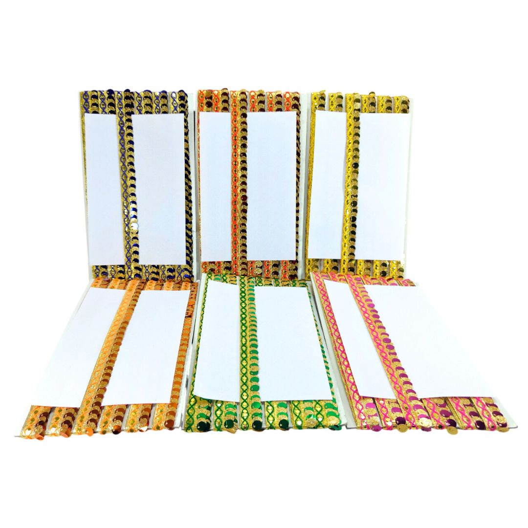 Set of colorful card holders with decorative borders on a white background