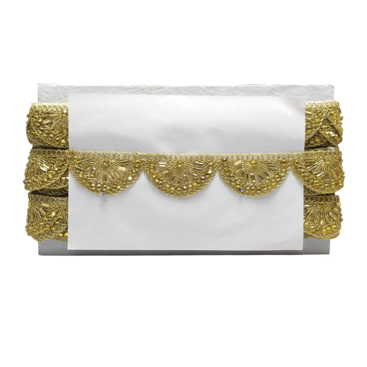 Kurlz 1.50 inch Exclusive Antik Golden Sequins & Cut Dana with Mirror Pankhi Embroidery Border For Saree, Dupatta, Lehengas, Latkans | Size: 9 Yards