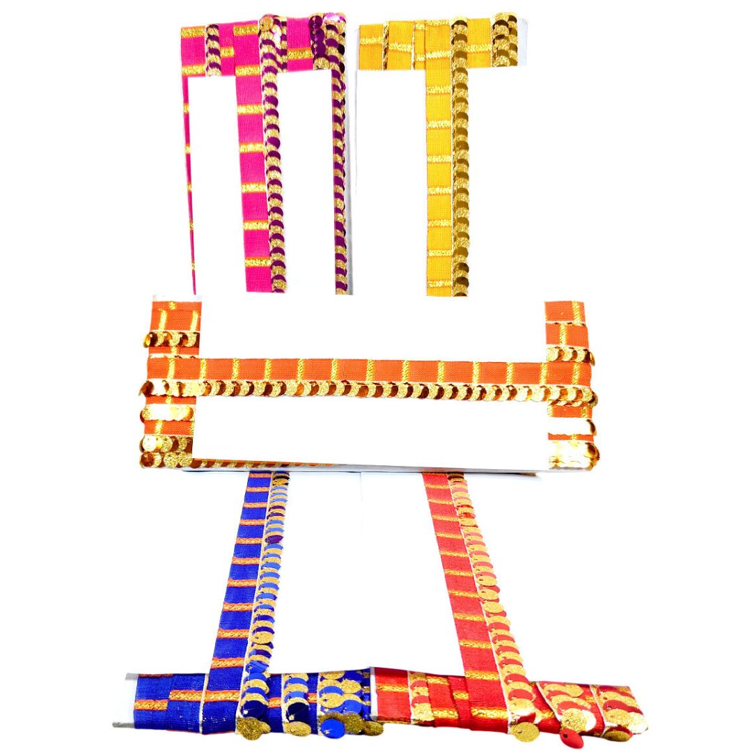 Colorful ribbons in various patterns on a white background