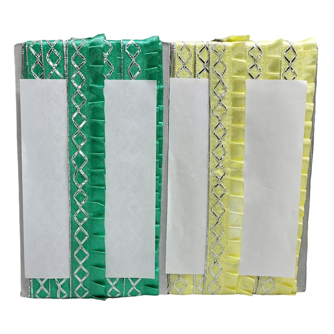 Two fabric swatches in green and yellow with white centers on a white background