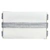 White clutch with silver and gray beaded detailing on a white background
