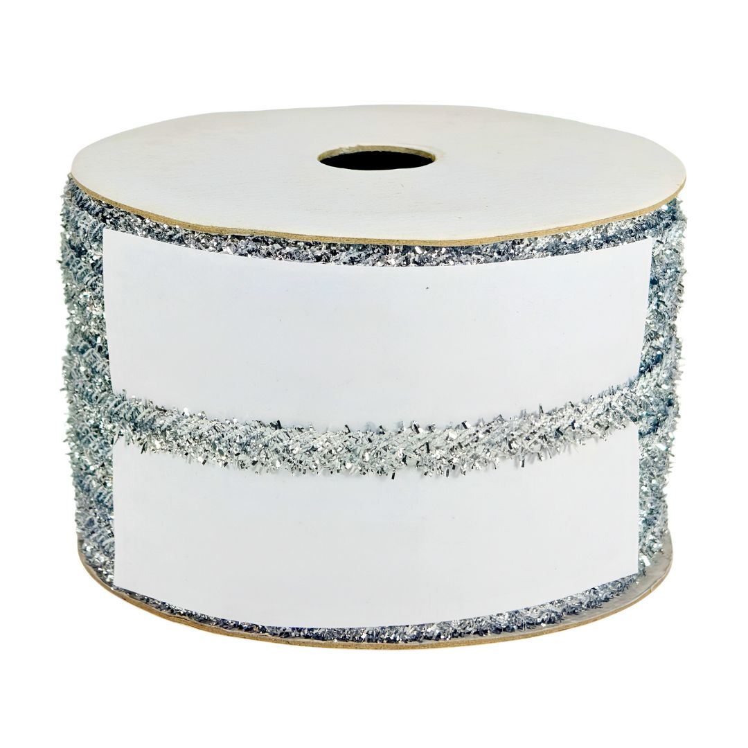 Spool of white ribbon with silver glitter on a white background