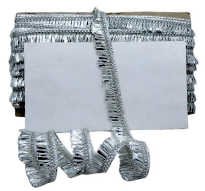 Silver metallic ribbon with a white card on a white background