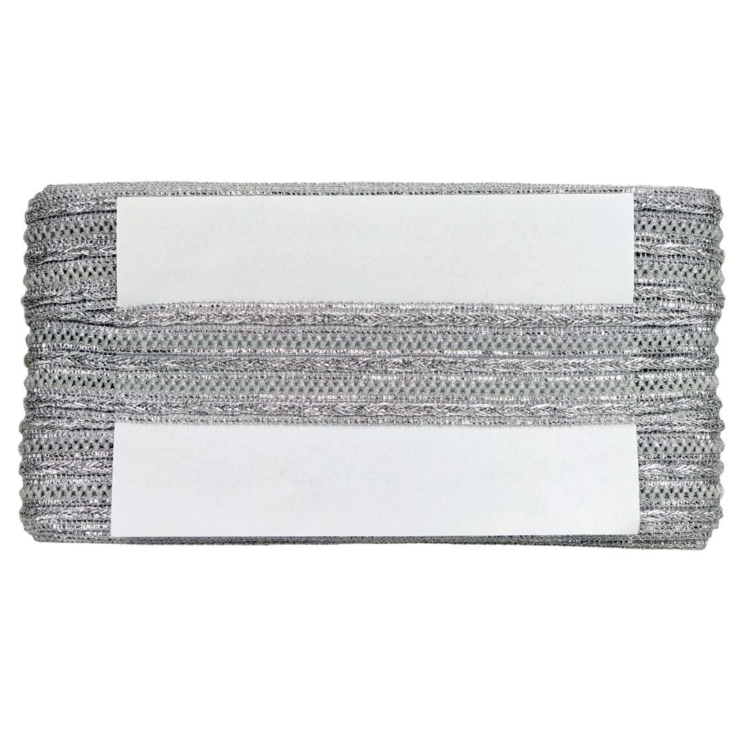 Gray woven headband with white labels on a white background