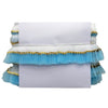Stack of white and light blue fabric with gold trim on a white background