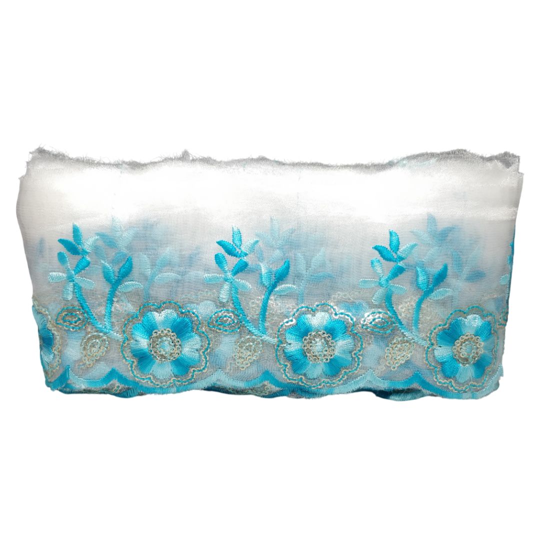 Sky Blue Embroidered Organza Lace Border For Gowns Decoration Only At Woven Lace & Border Reatilers and Manufactures In Surat