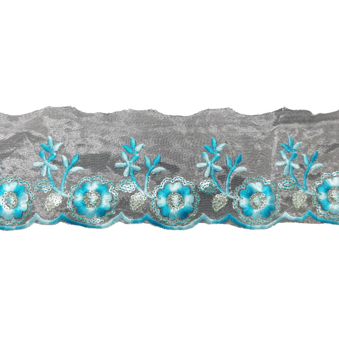 Sky Blue Embroidered Organza Lace Border For Gowns Decoration Only At Woven Lace & Border Reatilers and Manufactures In Surat