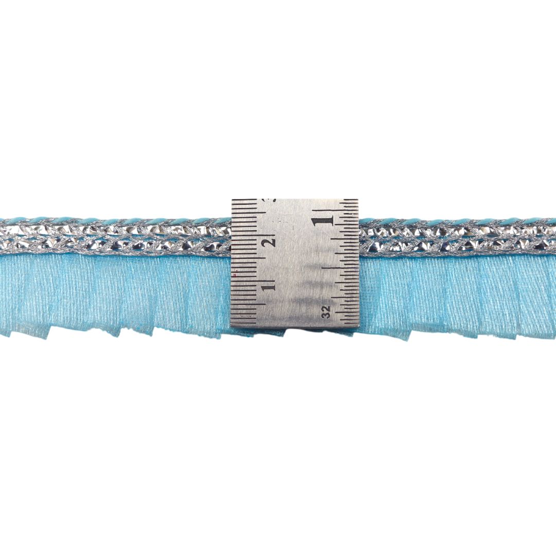 Close-up of a blue ribbon with a silver ruler on a white background