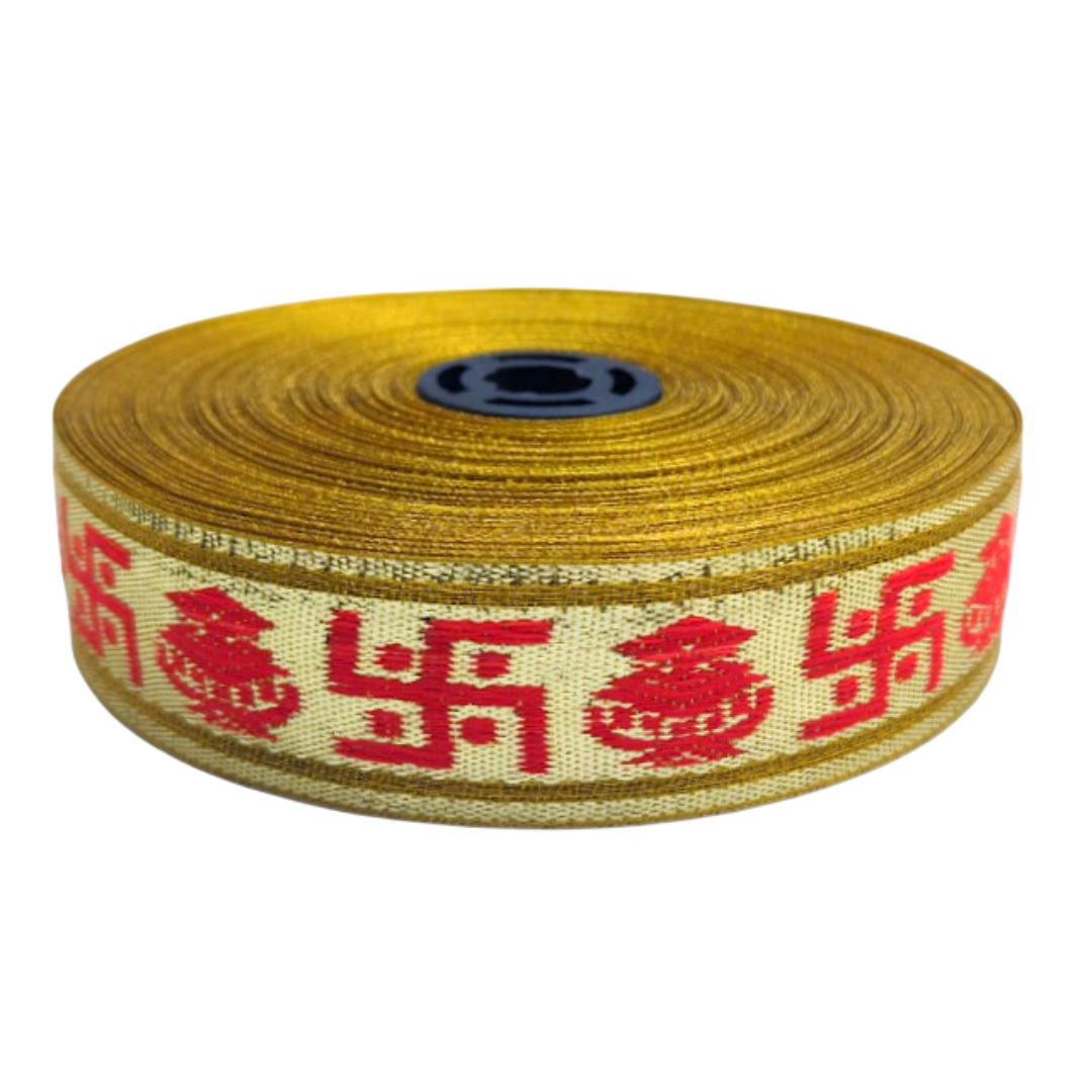 Roll of yellow webbing with red text on a white background