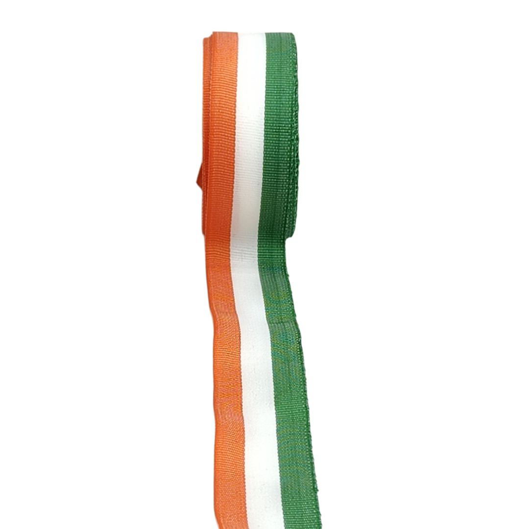 Three ribbons in orange, white, and green on a white background